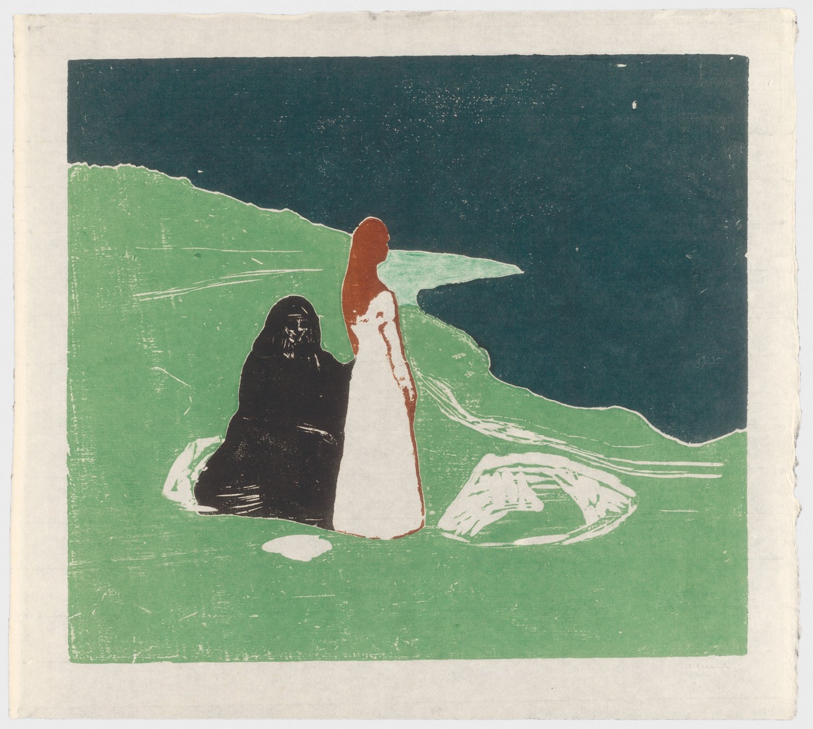 Edvard Munch, Two Women on the Shore (1898) — two figures, one in black and one in white, standing close together on the shoreline without turning to face each other