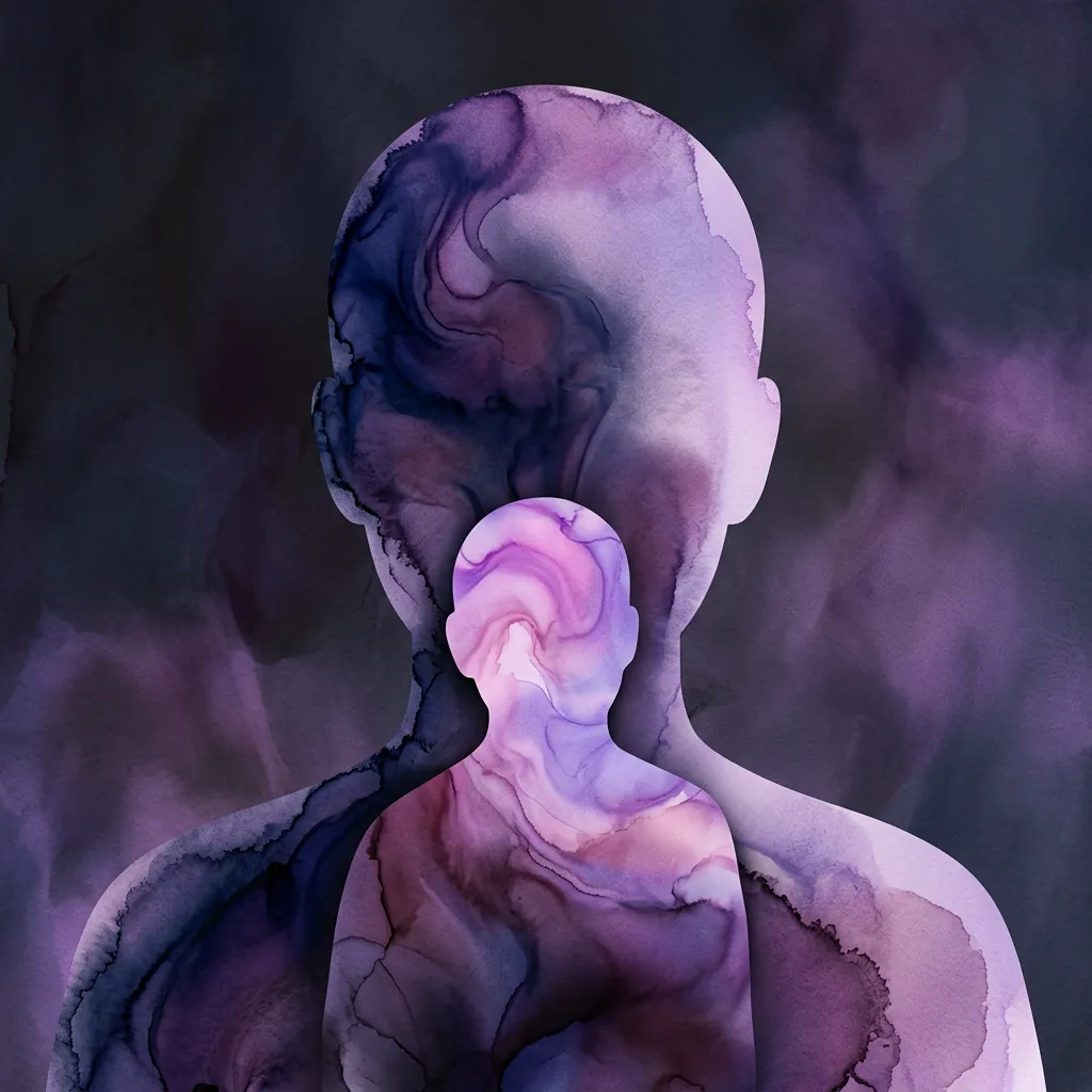 Abstract artwork of a figure with a warm glow at the centre