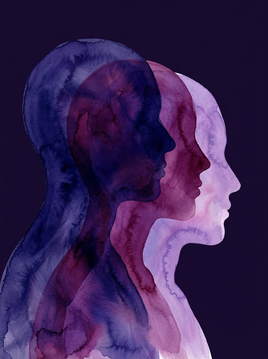 Abstract artwork of three layered translucent profile silhouettes