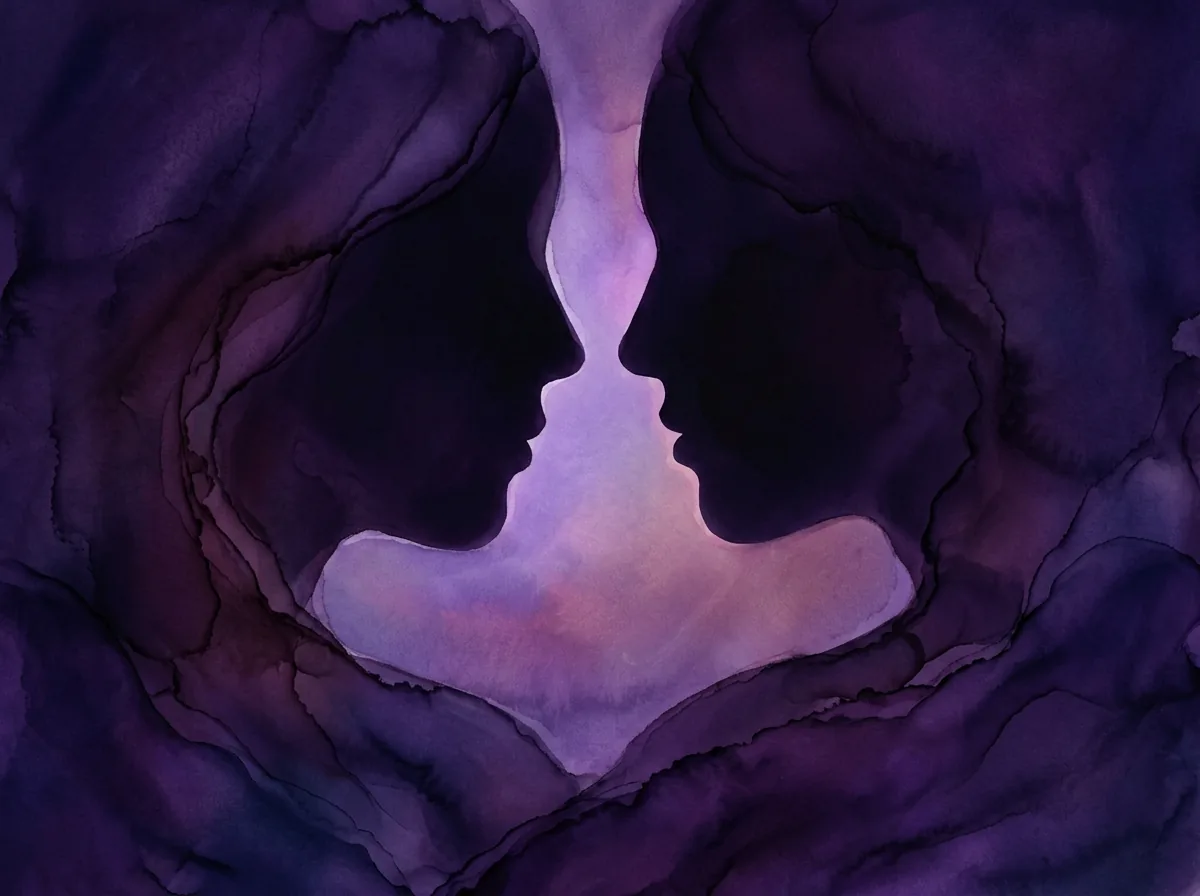 Abstract artwork of two facing profiles formed from negative space