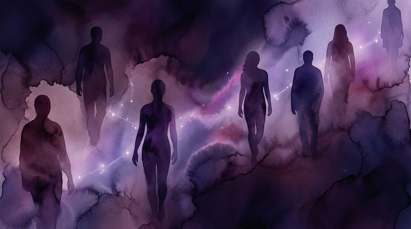 Abstract artwork of several distinct figures connected across a wide, spacious composition