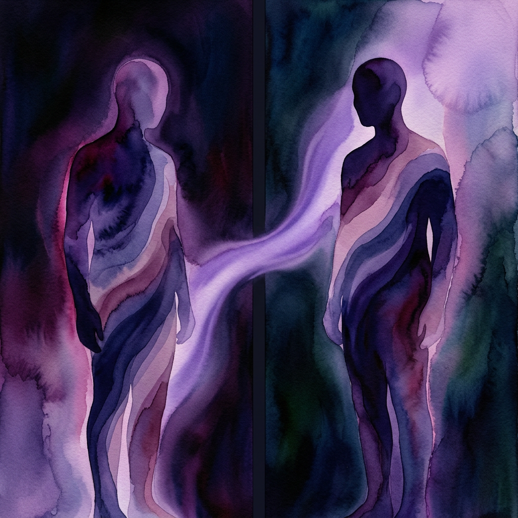 Abstract illustration of a bridge form joining two figures — representing preparation and integration in therapy