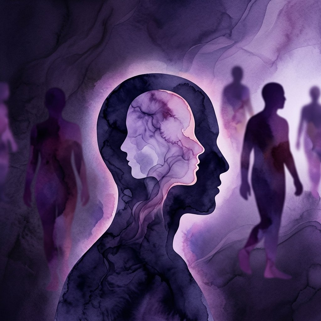 Abstract double-exposure illustration of a head containing another figure — representing how traumatic memories intrude on the present
