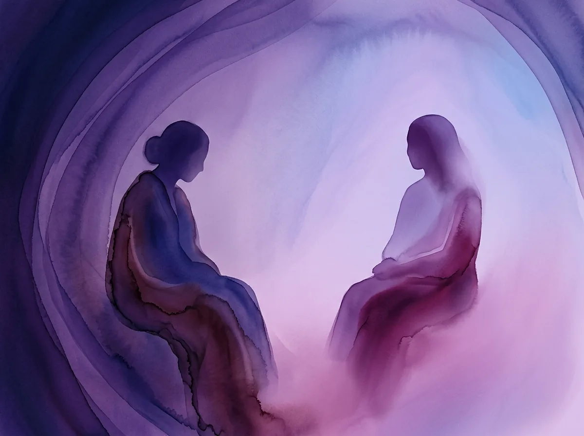 Abstract artwork of two figures held within a calm violet safe space