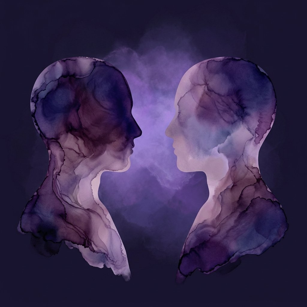 Abstract artwork of two figures in conversation, rendered in soft violet tones