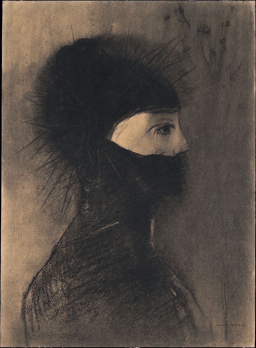 Odilon Redon, Armor (1891) — a face almost entirely enclosed by a dark protective covering, one eye visible, representing a defence learned early and worn ever since