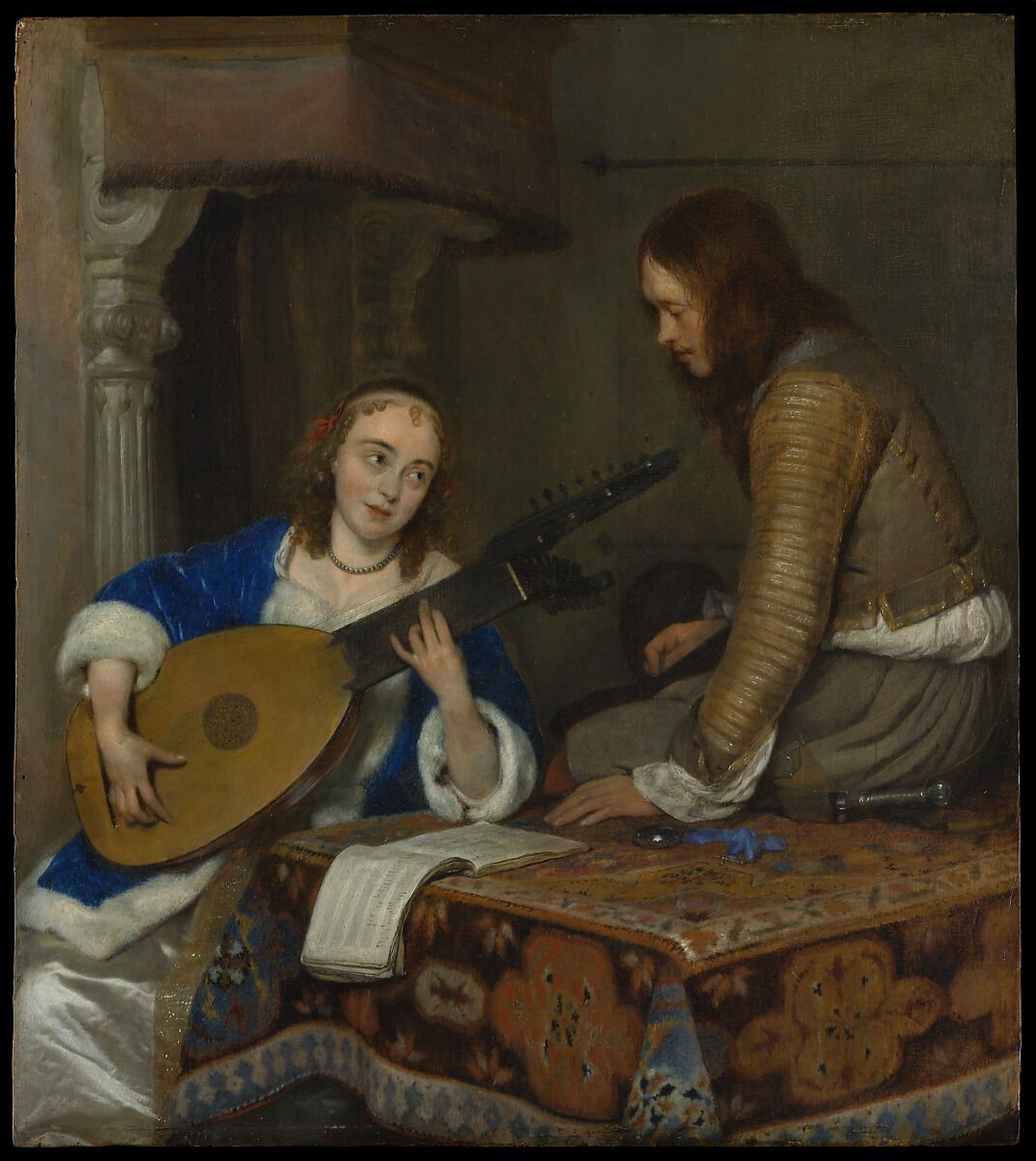 Gerard ter Borch the Younger, A Woman Playing the Theorbo-Lute and a Cavalier (ca. 1658) — two figures absorbed in a shared moment that reads as intimate without resolving into any one kind of attraction