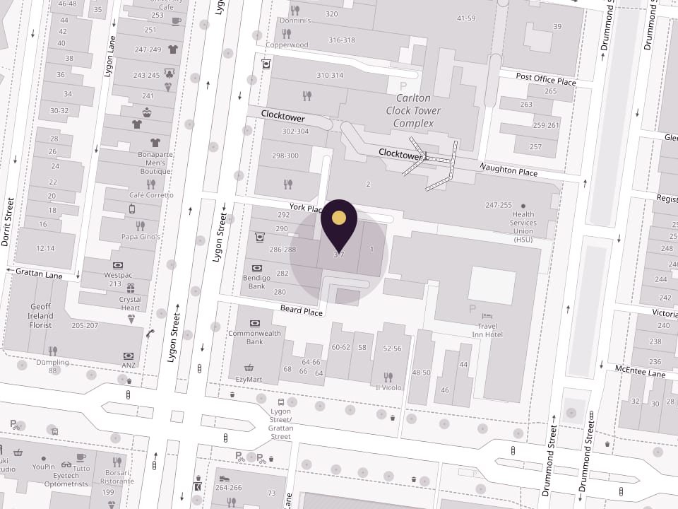 Map of Carlton with a pin on York Place, between Lygon Street and Drummond Street (opens Google Maps in a new tab)