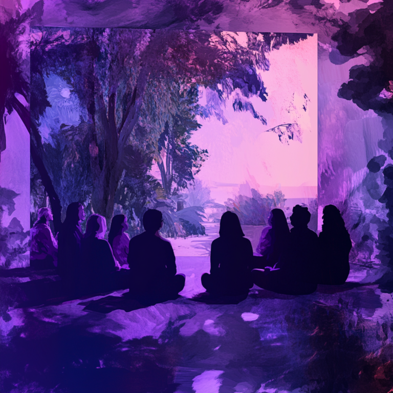 people sitting in a group therapy circle looking toward the horizon with a purple tone over the image